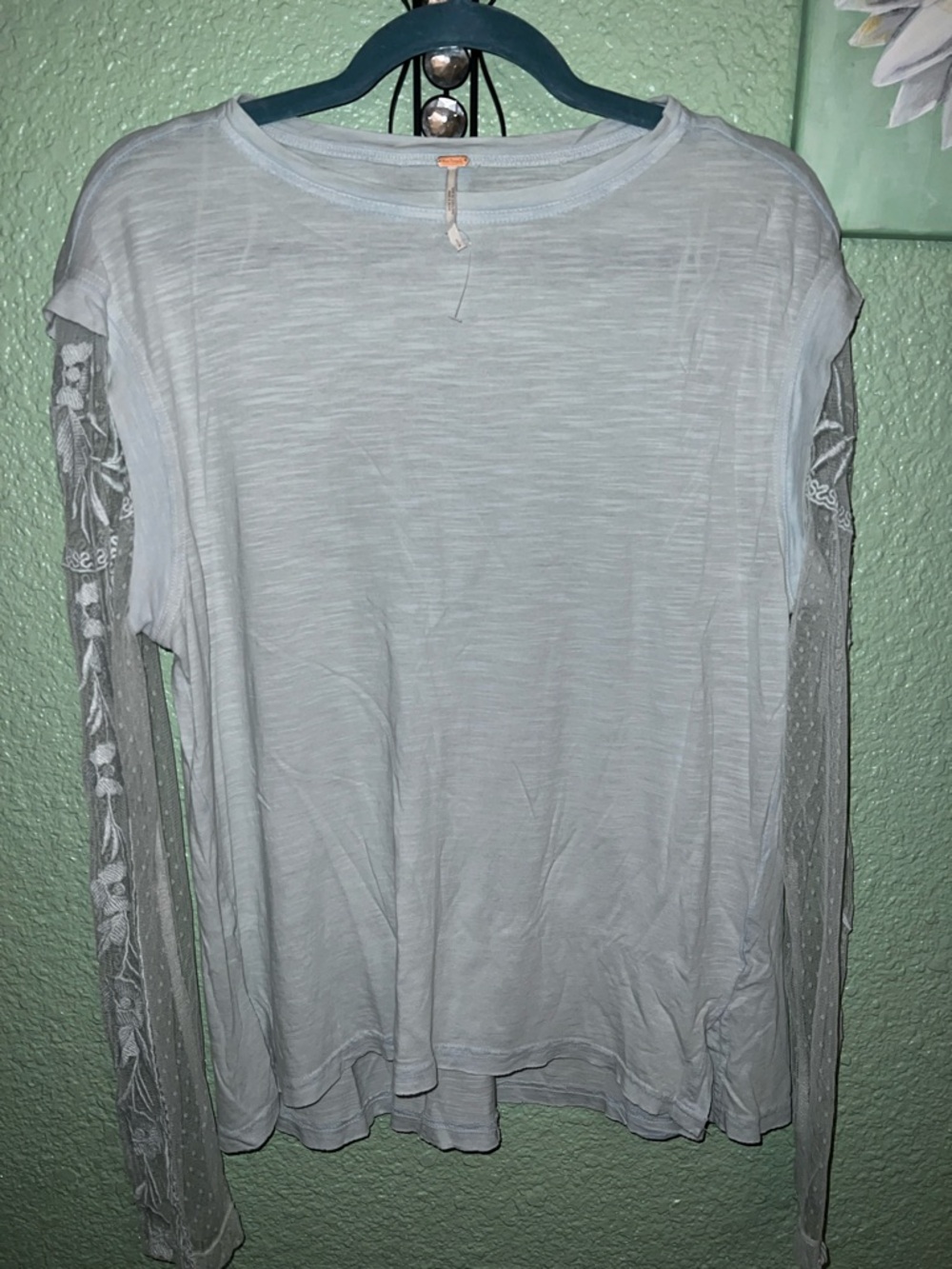 Free People Light Blue Long Sleeve Lace-Sleeve Tee